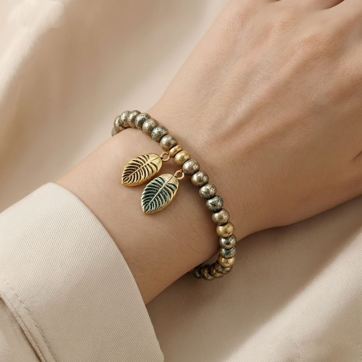 Vintage Leaf Charm Beaded Bracelet