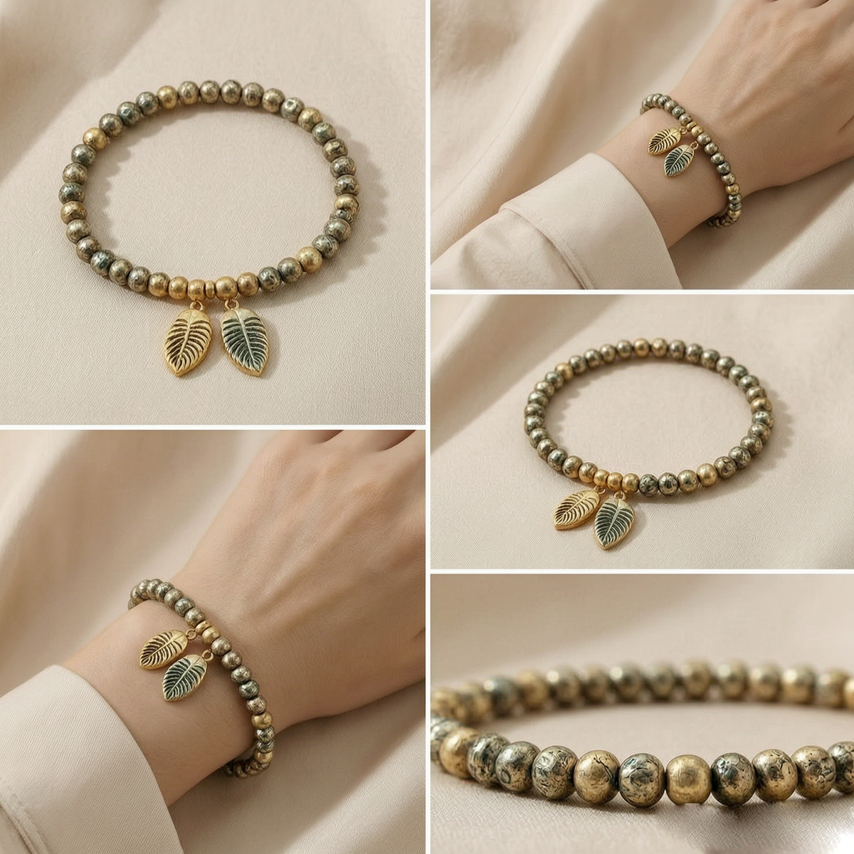 Vintage Leaf Charm Beaded Bracelet